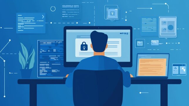 A guide on best cybersecurity practices for remote work, featuring tips on secure networks, password management, and data protection