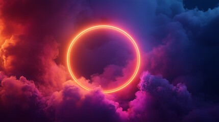 A vibrant neon glowing circle floating in the middle of a cloud of colorful mist.