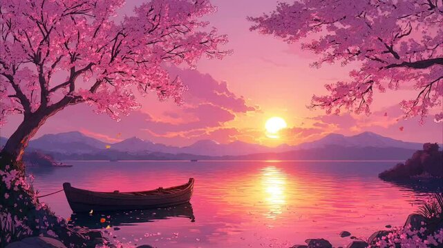 A wooden boat resting on a calm lake with cherry blossoms at sunset seamless looping 4k time-lapse video background