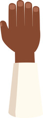 Hand with dark skin is raised up showing an open palm