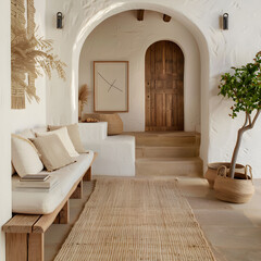 Hallway with a curved wall and a white arch. Minimalist interior design. 3d render.