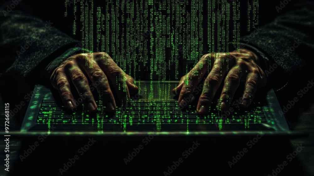 Poster Hands typing on a laptop with green matrix code cascading down the screen. Symbolizes hacking and cybersecurity.
