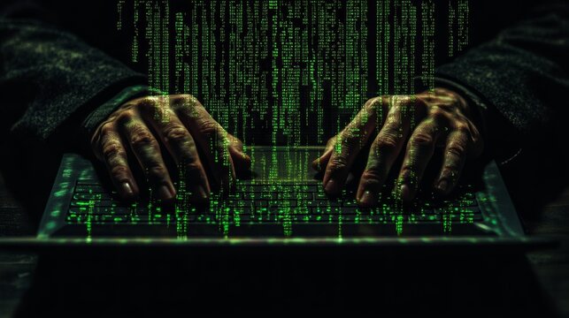 Hands typing on a laptop with green matrix code cascading down the screen. Symbolizes hacking and cybersecurity.