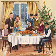 Vintage Christmas card of family gathered around dinner table. watercolor, painting