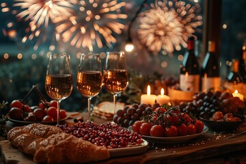 Fototapeta premium Fourth of July Celebration Table with Fireworks Background