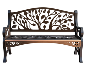 Bench old charm and vintage comfort on transparent background. Ornate black metal and wood bench leaf pattern. 
