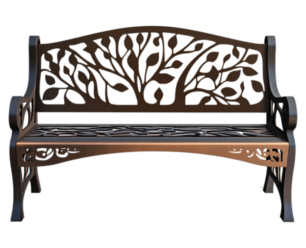 Bench old charm and vintage comfort on transparent background. Ornate black metal and wood bench leaf pattern. 
