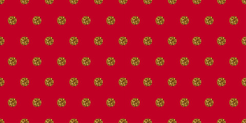 Festive seamless pattern with gold glitter dots on  red background, perfect for Christmas and New Year designs. Winter cozy backdrop. Gift wrapping paper, party invitations. Holiday postcards.
