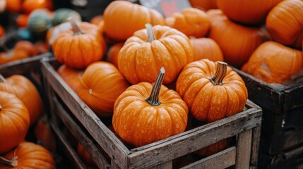 Beautiful orange Halloween pumpkins on sale at an outdoor farmers market in Germany. Natural ornamental gourds. Harvest and Thanksgiving concept.