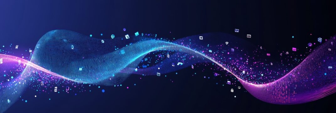 Hands typing on a laptop in a vibrant digital environment with abstract visualizations of data and code.