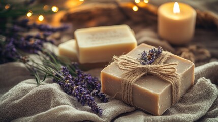 A set of vintage-style packaging for handcrafted soaps, placed on a linen cloth with sprigs of lavender and a soft, warm glow.
