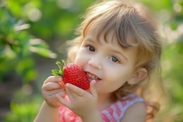 A young child smiles and holds a fresh strawberry, enjoying her time in a lush garden filled with greenery.