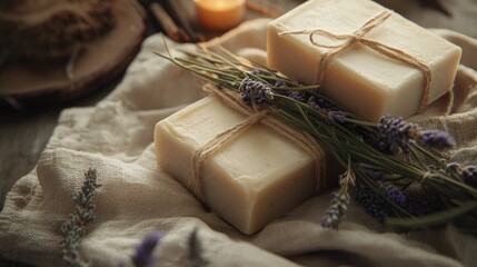 A set of vintage-style packaging for handcrafted soaps, placed on a linen cloth with sprigs of lavender and a soft, warm glow.