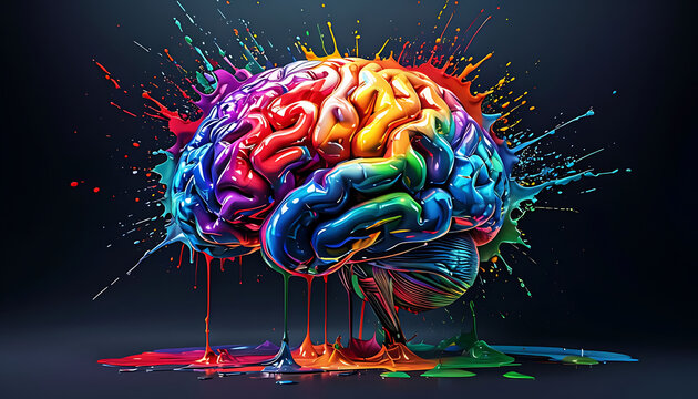 Human brain exploding with different colors reflecting knowledge and creativity. Concept art creativity