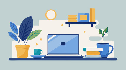 Creative space with laptop, books and plants, inspiring productive work