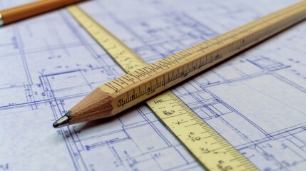 A ruler and a drafting pencil lying on top of architectural plans, representing attention to detail in construction