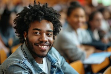 A joyful young Black man smiles while attending a university lecture on a vibrant campus during daytime