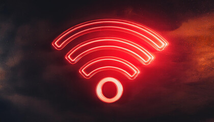 Neon red wi-fi symbol on dark background. Internet communication and technology concept.