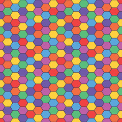 Seamless pattern of colorful hexagon geometric shapes, shaped like rainbow colored honeycombs