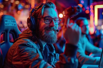 Obraz premium Gamers celebrating victory in a vibrant esports arena during an exciting tournament session