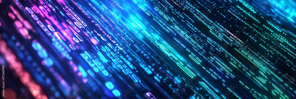 Poster Colorful flowing lines of digital code moving across the screen. Concept for dynamic data processing.