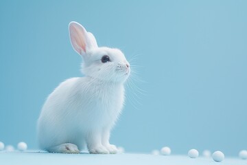 Obraz premium A small white rabbit sits gracefully against a soft blue backdrop, gazing thoughtfully at the scattered white orbs nearby