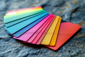 Colorful pastel solid credit cards arranged creatively on a textured surface, showcasing an array...