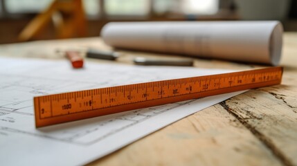 A ruler next to a stack of blueprints and tools, symbolizing the process of planning and construction