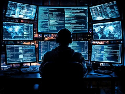 A hacker in a dark room surrounded by multiple screens, launching a coordinated cyber attack, with code flowing rapidly across the displays