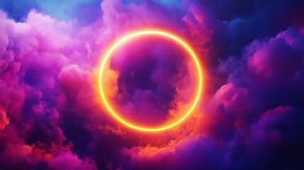 A vibrant neon glowing circle floating in the middle of a cloud of colorful mist.