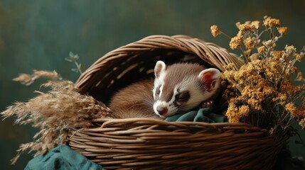 A baby ferret curled up in a wicker basket with dried herbs, set against a deep olive green studio backdrop with gentle light, copy space, pet animal portrait -