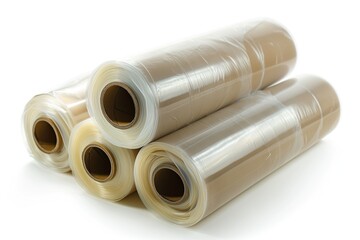 Fototapeta premium Transparent stretch wrap film rolls stacked on a white background for packaging and protective use in shipping and storage