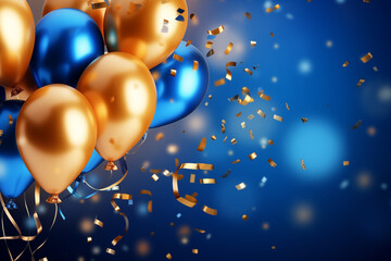 Gold and Blue Balloons with Confetti on Blue Background
