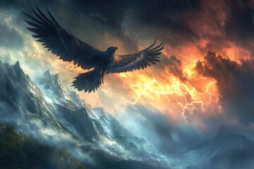 Thunderbird flying above stormy clouds, dramatic sky with lightning. Native American heritage day