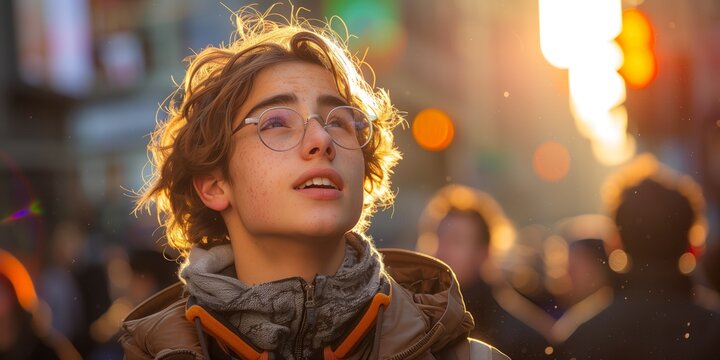 A boy in glasses looking at the sky in a crowd of people