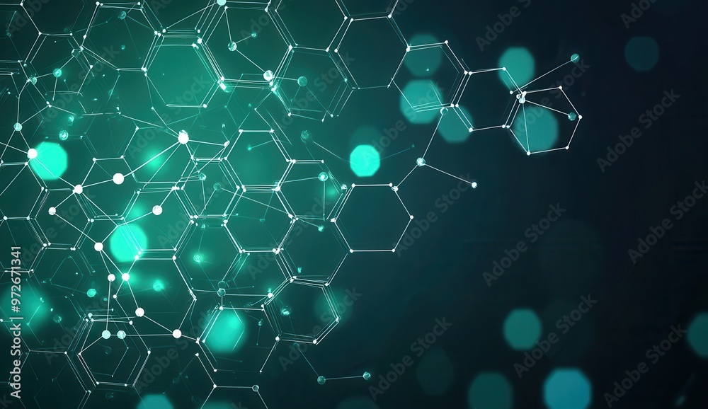 Poster abstract hexagonal network background with glowing teal lights and interconnected lines illustrating