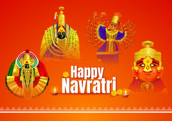 Set of Three and a half Shakti Peethas in maharastra. Goddess mahalaxmi, tuljabhavani, renuka, saptashrungi illustration for Happy Durga Puja offer, Discount, Sales Tags, Print, Banner, Web Banner