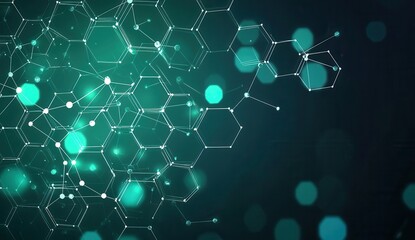 Abstract hexagonal network background with glowing teal lights and interconnected lines illustrating technology and innovation themes