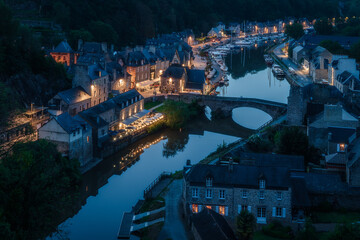 Fototapeta premium Dinan city at dusk, old port and historic village in Dinan, France