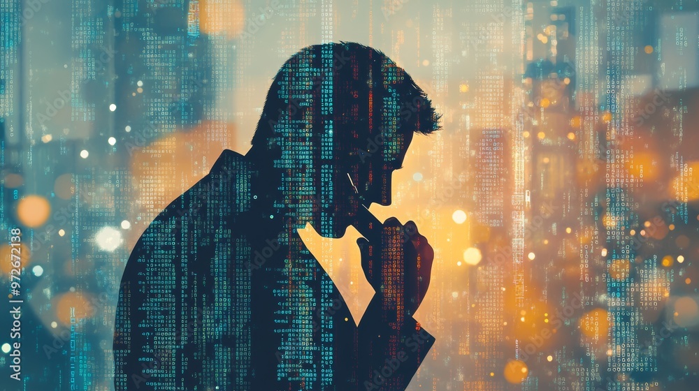 Poster Silhouette of a man thinking with code visuals overlaying him. Concept of cybersecurity and software development.