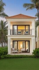 Fototapeta premium This beautiful Vietnamese bungalow offers a cozy terrace for sunset views, large windows for natural light, and warm nighttime illumination, making it perfect for relaxation by the sea