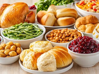 Thanksgiving table spread with traditional dishes