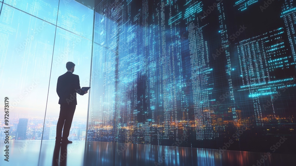 Poster Businessman standing in front of a giant digital code display, holding a tablet. Tech-driven data analysis and coding innovation concept.