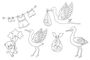 Line stork carries newborn baby, cute bear with balloons. Vector outline sketches set for coloring book. Hand drawn illustration