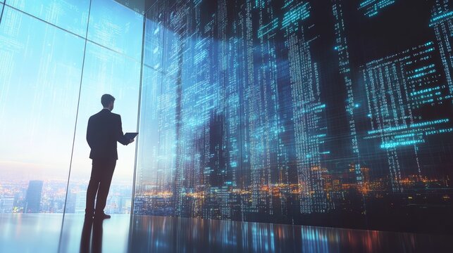 Businessman standing in front of a giant digital code display, holding a tablet. Tech-driven data analysis and coding innovation concept.