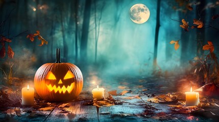 Jack-o'-lantern wallpaper with candles, spooky forest and full moon