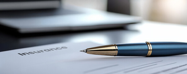 Closeup of a pen signing an insurance policy, contract details blurred in the background, Insurance signing, Document detail