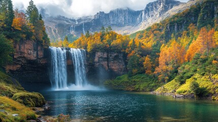 A serene waterfall surrounded by autumn foliage and mountains.