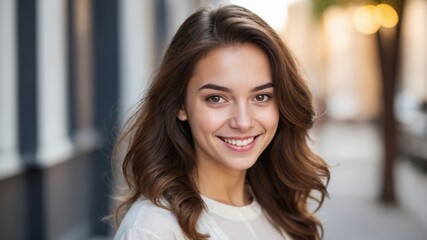 Obraz premium 自然な笑顔でカメラを見つめる若い女性が放つ、ポジティブで幸せなエネルギー。生成AI