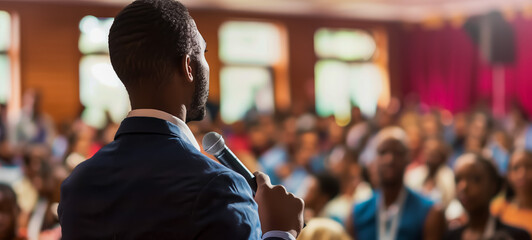 African american man speaking to audience at a conference